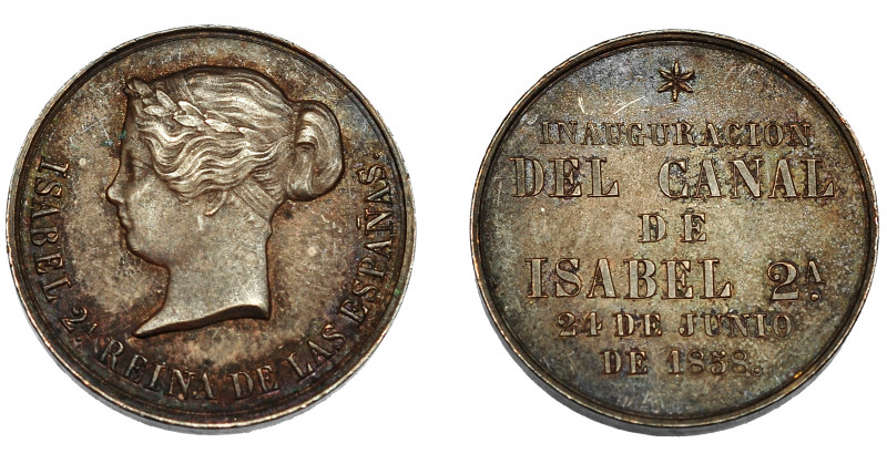 ISABEL II. Medalla. 1858. Inauguración del Canal de Isabel II. AE 23 mm. EBC-.