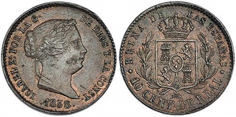 ISABEL II. 10 céntimos de real. 1858. Segovia. VI-135. R.B.O. MBC+/EBC-. Escasa....