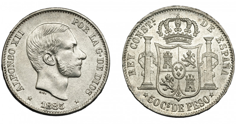 ALFONSO XII. 50 centavos de peso. 1885. Manila. VII-80. EBC+/SC.