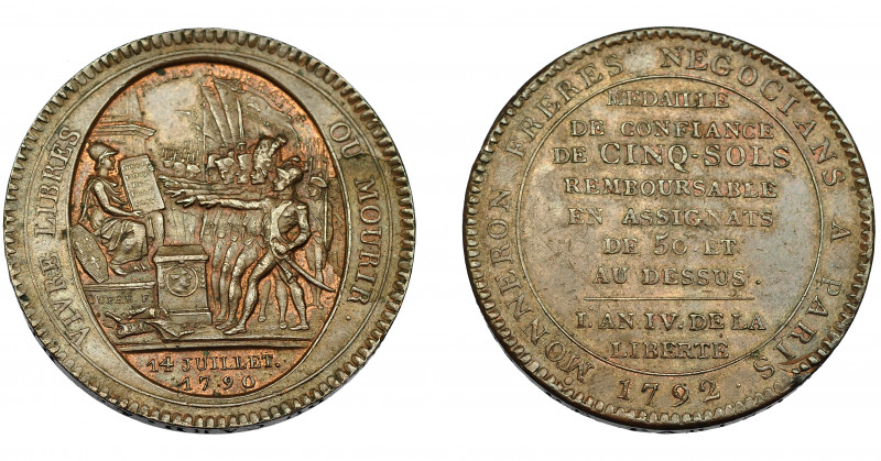 MONEDAS EXTRANJERAS. FRANCIA. 5 soles. 1792. L'AN IV DE LA LIBERTÈ. VIVRE LIBRES...