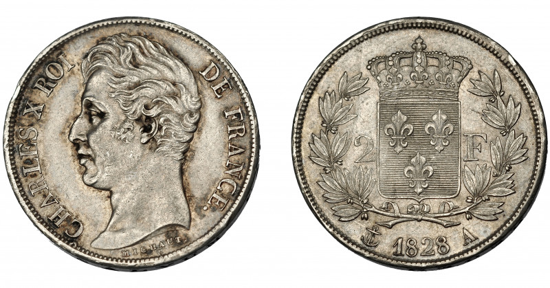 MONEDAS EXTRANJERAS. FRANCIA. 2 francos. 1828 A. KM-725.1. MBC+/EBC-.