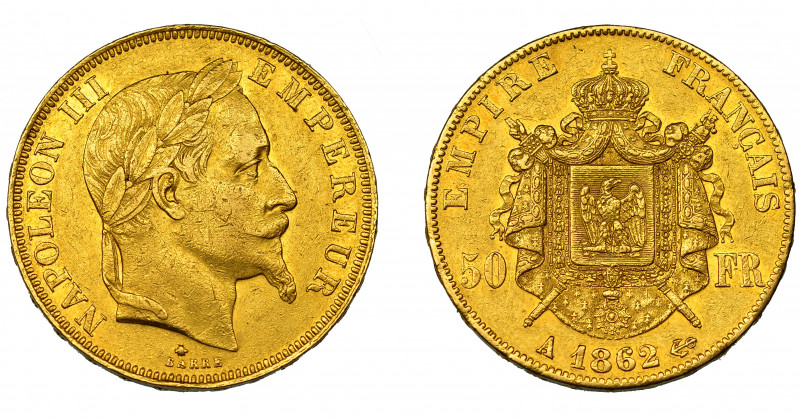 MONEDAS EXTRANJERAS. FRANCIA. 50 francos. 1862. A. KM-804-1-024. Pequeñas marcas...