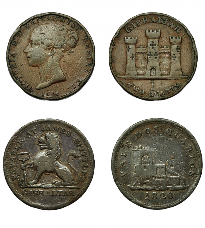 MONEDAS EXTRANJERAS. GIBRALTAR. Lote de 2 piezas de cobre de 2 cuartos. 1820 y 1...