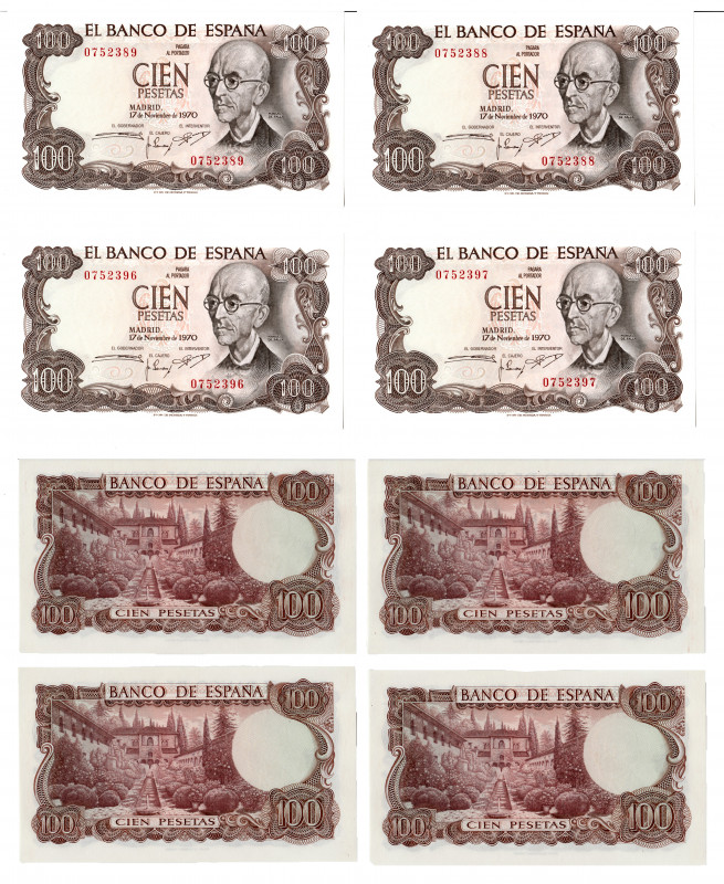 BILLETES ESPAÑOLES. Lote de 2 parejas correlativas de billetes de 100 pesetas 11...