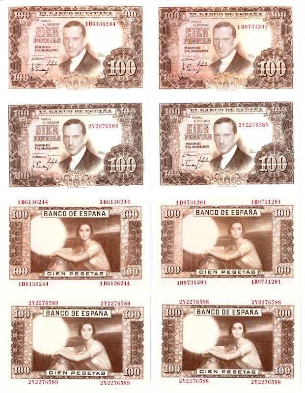 BILLETES ESPAÑOLES. Lote de 4 billetes. 4-1953. Series IB, ID y 2 Y en pareja co...