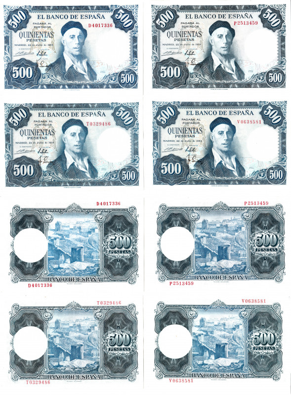 BILLETES ESPAÑOLES. Lote de 4 billetes de 500 pesetas. 7-1954. Series D, p, T y ...