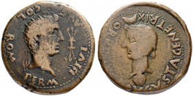 IBEROCELTS. ROMULA. Tiberius, 14-37. Dupondius 14/37, Romula. Obv. Radiate head of Divus Augustus to r.; star above, thunderbolt to r. Rev. Head of Li...