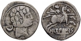 IBEROCELTS. SEGOBRIGA. Denarius 120/30. Obv. Head to r., crescent on l. Rev. Horseman with couched spear to r. 3.07 g. SNG Munich 160-161. Burgos 2169...