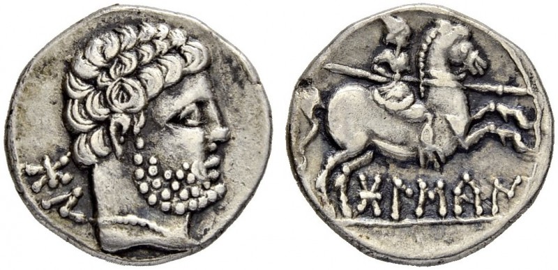 IBEROCELTS. OSCA. Denarius 150/100. Obv. Bearded male head to r., wearing pearl ...