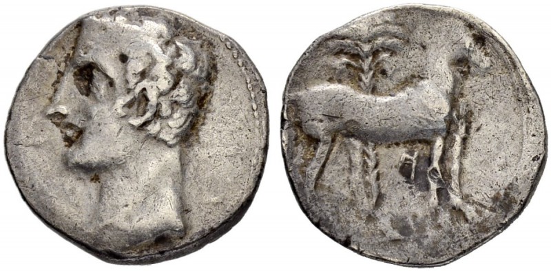 IBERIA. Carthago Nova. Shekel 221/206. Obv. Bare headed male head l. (Hannibal?)...