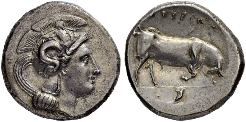 LUCANIA. Thurium. Distater 400/350. Obv. Helmeted head of Athena to r., Scylla h...