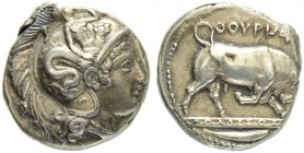 LUCANIA. Thurium. Stater 370. Signed oeuvre of the medallist Molossos. Obv. Head of Athena in Attic helmet to r. The helmet is decorated with Scylla s...