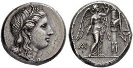 SICILY. Syracuse. Agathokles, 317-289. Tetradrachm 310/306. Obv. Head of Kore to r., wearing grain ear wreath, single-pendant earring and necklace; (Κ...