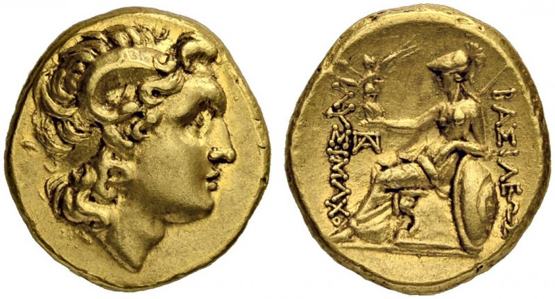 KINGS OF THRACE. Lysimachus, 323-281. Gold stater 323/281, Pergamon (?). Obv. Di...