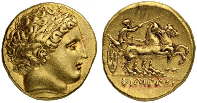 MACEDONIAN EMPIRE. Philip II, 359-336. Gold stater 340/328, Pella. Obv. Head of ...