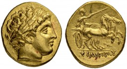 MACEDONIAN EMPIRE. Philip II, 359-336. Gold stater 340/328, Pella. Obv. Head of Apollo with laurel wreath to r. Rev. Biga to r., charioteer holds kent...