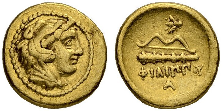 MACEDONIAN EMPIRE. Philip II, 359-336. 1/4 Gold stater 340/328, Pella. Obv. Head...