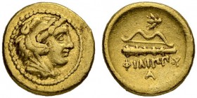 MACEDONIAN EMPIRE. Philip II, 359-336. 1/4 Gold stater 340/328, Pella. Obv. Head of Herakles in lion's skin to r. Rev. Bee above bow and club. ΦIΛIΠΠo...