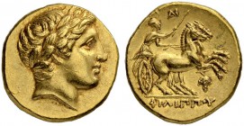 MACEDONIAN EMPIRE. Philip II, 359-336. Gold stater 323/315, Amphipolis. Posthumous issue. Obv. Head of Apollo with laurel wreath to r. Rev. Biga to r....