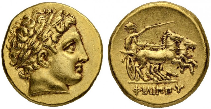 MACEDONIAN EMPIRE. Philip II, 359-336. Gold stater 323/315, Pella. Posthumous is...