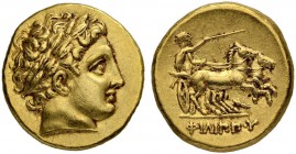 MACEDONIAN EMPIRE. Philip II, 359-336. Gold stater 323/315, Pella. Posthumous issue. Obv. Head of Apollo with laurel wreath to r. Rev. Biga to r. Char...