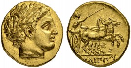 MACEDONIAN EMPIRE. Philip II, 359-336. Gold stater 323/315, Pella. Posthumous issue. Obv. Head of Apollo with laurel wreath to r. Rev. Biga to r. Char...