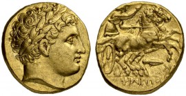 MACEDONIAN EMPIRE. Philip II, 359-336. Gold stater 323/315, Magnesia. Posthumous issue. Obv. Head of Apollo with laurel wreath to r. Rev. Biga to r. C...