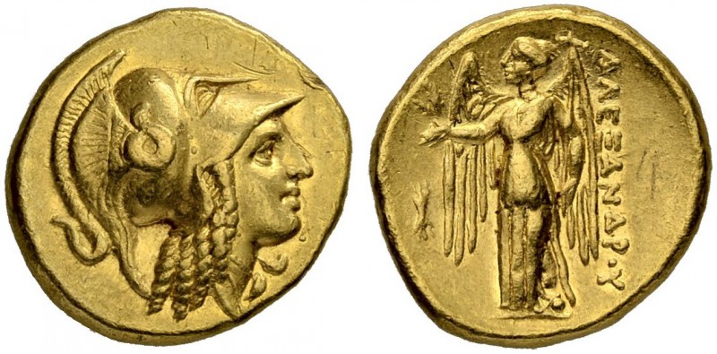 MACEDONIAN EMPIRE. Alexander III, 336-323. Gold stater 330/320, Amphipolis. Obv....