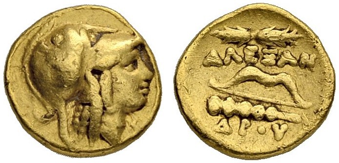 MACEDONIAN EMPIRE. Alexander III, 336-323. 1/4 Gold stater 330/320, Amphipolis. ...