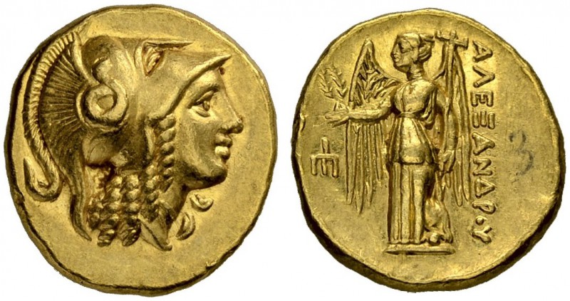 MACEDONIAN EMPIRE. Alexander III, 336-323. Gold stater 330/320, Amphipolis. Obv....