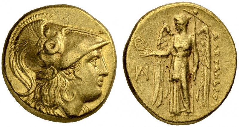 MACEDONIAN EMPIRE. Alexander III, 336-323. Gold stater 325/323, Miletus. Obv. He...