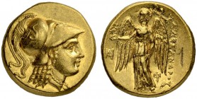 MACEDONIAN EMPIRE. Alexander III, 336-323. Gold stater 323/319, Miletus. Posthumous issue. Obv. Head of Athena to r. wearing crested Corinthian helmet...