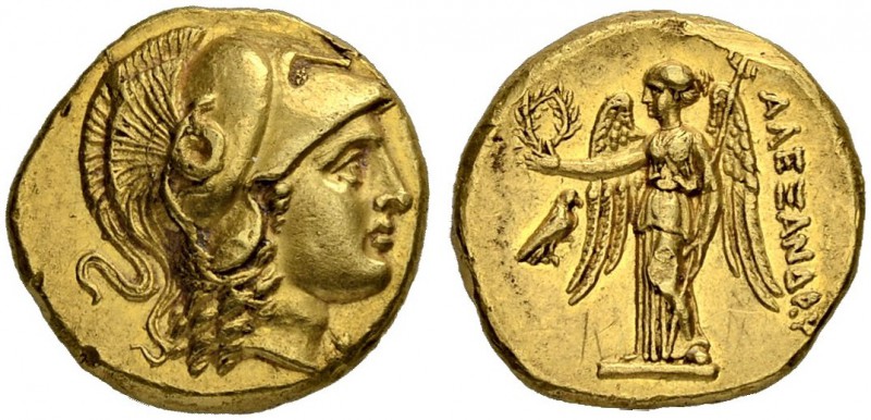 MACEDONIAN EMPIRE. Alexander III, 336-323. Gold stater 332/323, Salamis. Obv. He...