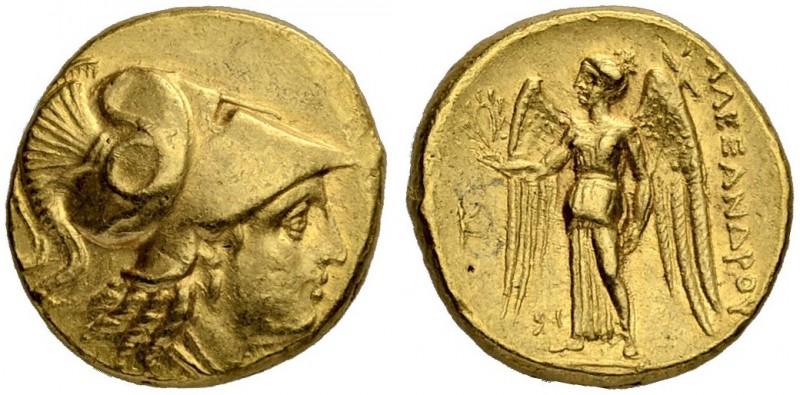 MACEDONIAN EMPIRE. Alexander III, 336-323. Gold stater 324/323, Sidon. Obv. Head...