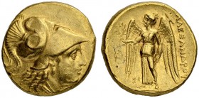 MACEDONIAN EMPIRE. Alexander III, 336-323. Gold stater 324/323, Sidon. Obv. Head of Athena to r. wearing crested Corinthian helmet. Coiled snake on bo...