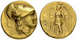 MACEDONIAN EMPIRE. Alexander III, 336-323. Gold stater 305/290, Tyre. Posthumous issue. Obv. Head of Athena in Corinthian helmet to r. Snake on helmet...