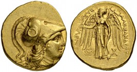 MACEDONIAN EMPIRE. Alexander III, 336-323. Gold stater 317/311, Babylon. Posthumous issue. Obv. Head of Athena to r. wearing crested Corinthian helmet...