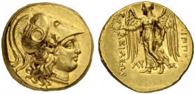 MACEDONIAN EMPIRE. Philip III, 323-314. Gold stater 323/317, Babylon. Obv. Head of Athena wearing Corinthian helmet with coiled snake on bowl to r. Re...