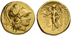 MACEDONIAN EMPIRE. Philip III, 323-314. Gold stater 323/317, Babylon. Obv. Head of Athena wearing Corinthian helmet with coiled snake on bowl to r. Re...