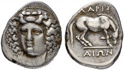 THESSALY. Larissa. Drachm 365/356. Obv. Head of the nymph Larissa facing slightly left, with hair in ampyx. Rev. Horse to r., preparing to lie down; Λ...