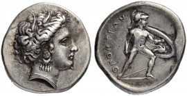 LOCRIS. Opus. Stater about 370, Opus. Obv. Head of Persephone with grain wreath to r. Rev. ΟΠΟΝΤΙΩΝ Helmeted Ajax, son of Oileus advancing to r. with ...