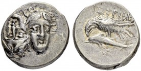 MOESIA. Istros. Drachm. Obv. Two facing young male heads with flowing hair. One inverted. Rev. IΣTPIH Eagle over dolphin to l. 5.62 g. AMNG I, 161, 41...