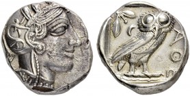 ATTICA. Athens. Tetradrachm 454/404. Obv. Helmeted head of Athena to r. Rev. ΑΘΕ Owl standing r., head facing; olive sprig and crescent behind, all wi...