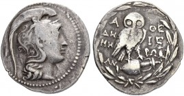 ATTICA. Athens. Tetradrachm 174/173. New Style. Obv. Helmeted head of Athena to r. Rev. Owl standing r. on amphora; A-ΘE across upper fields, ΔH-MH in...