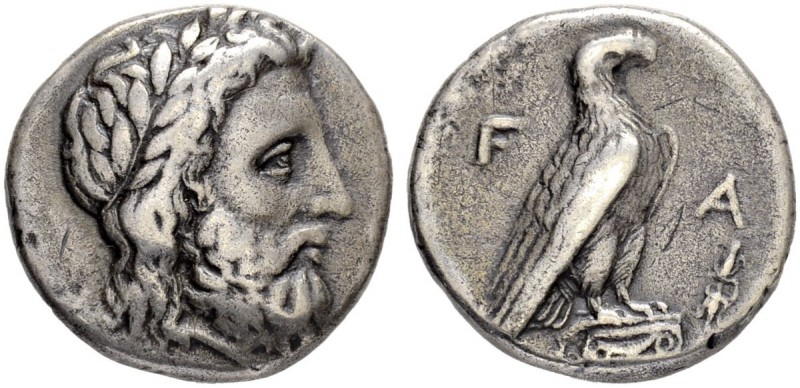 ELIS. Olympia. Stater 348. For the 108th Olympiad. Obv. Laureate head of Zeus to...