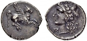 CORINTH. Hemidrachm after 338, uncertain mint. Obv. Pegasus flying to r. Rev. Head of Aphrodite, laureate, with long hair to l. 1.68 g. BMC 23, Pl. XX...