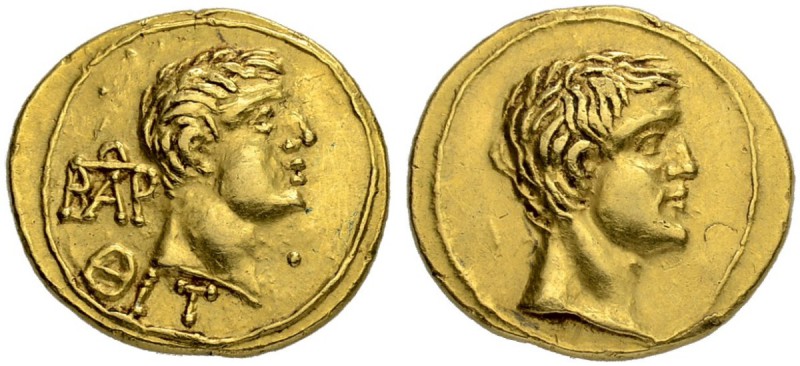 KINGS OF BOSPORUS. Aspurgus, 10-39. Gold stater 22. With Tiberius. Obv. Bare hea...