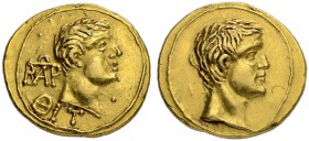 KINGS OF BOSPORUS. Aspurgus, 10-39. Gold stater 22. With Tiberius. Obv. Bare head of Aspurgus to r., monogram on l. Date ΘIT below. Rev. Bare head of ...