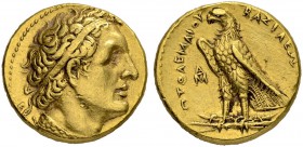 PTOLEMAIC KINGDOM. Ptolemy I Soter, 323-284. Gold Pentadrachm Alexandria. Dies by artist Δ. Obv. Diademed head of Ptolemy I to r. wearing aegis. In ti...