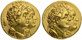 PTOLEMAIC KINGDOM. Ptolemy II, 285-246. Gold octodrachm (Mnaieion) after 265, Alexandria. With Arsinoe II, Ptolemy I, and Berenice I. Obv. ΑΔΕΛΦΩΝ Jug...